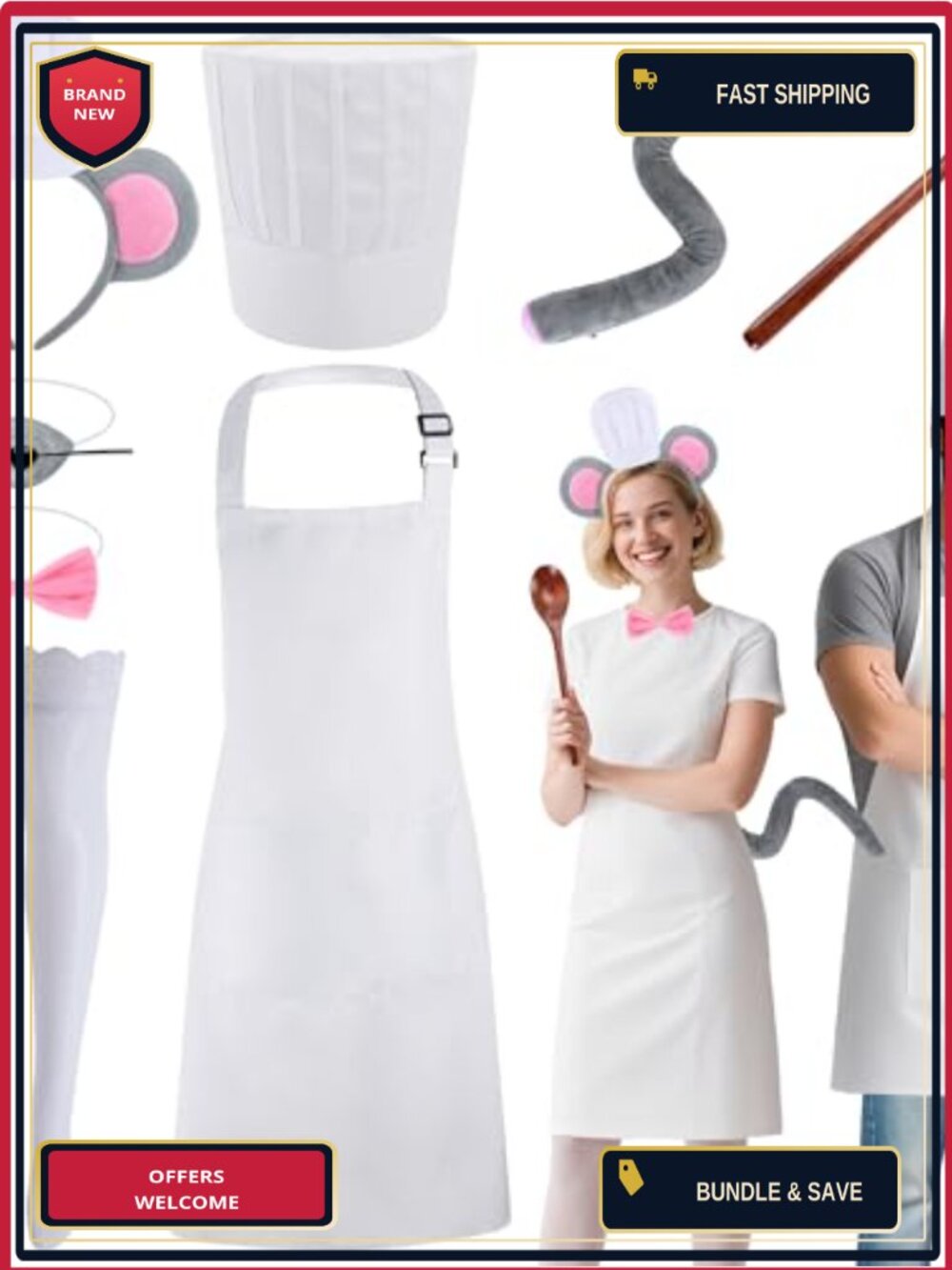 8 Pcs Halloween Couple Chef Mouse Costume Set Rat Cosplay Accessories Adult